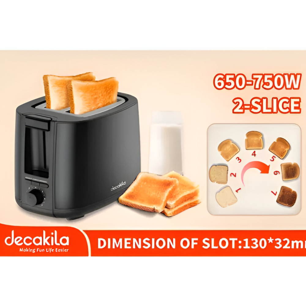 Decakila 2-Slice Toaster with 7-Setting Browning Control, 750W Motor and 220-240V 50/60Hz (KETS008B)