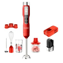 Decakila 5-in-1 Cordless Rechargeable Immersion Hand Blender with 5-speed setting, 2000mAh Battery and LED display (KEJB056R) - Red