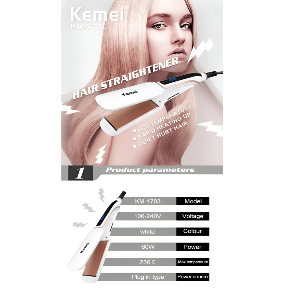 Kemei Digital Hair Straightener , 60W , For Dry and Wet Hair , heats in 30 second 