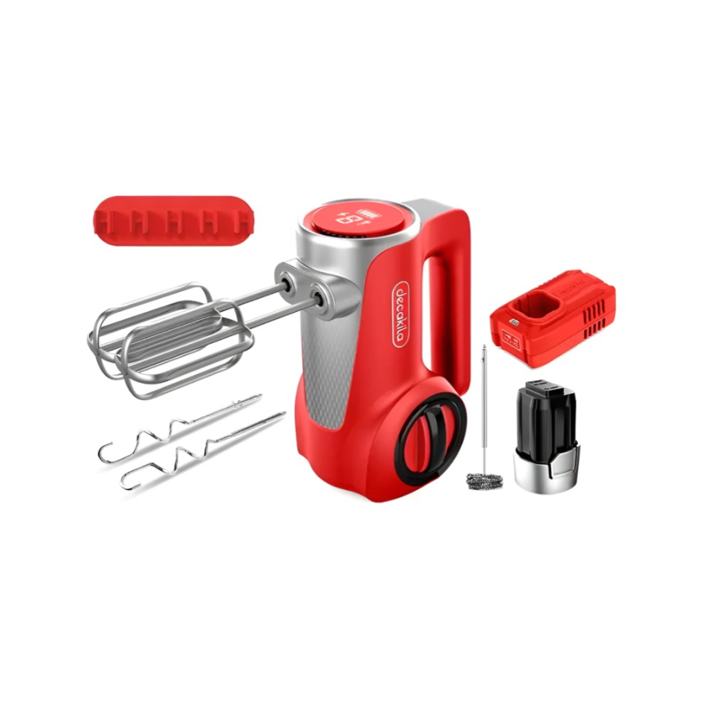 Decakila Cordless Hand Mixer with 125W Motor, 7-Speed Settings and 2000mAh Battery (KEMX023R) - Red