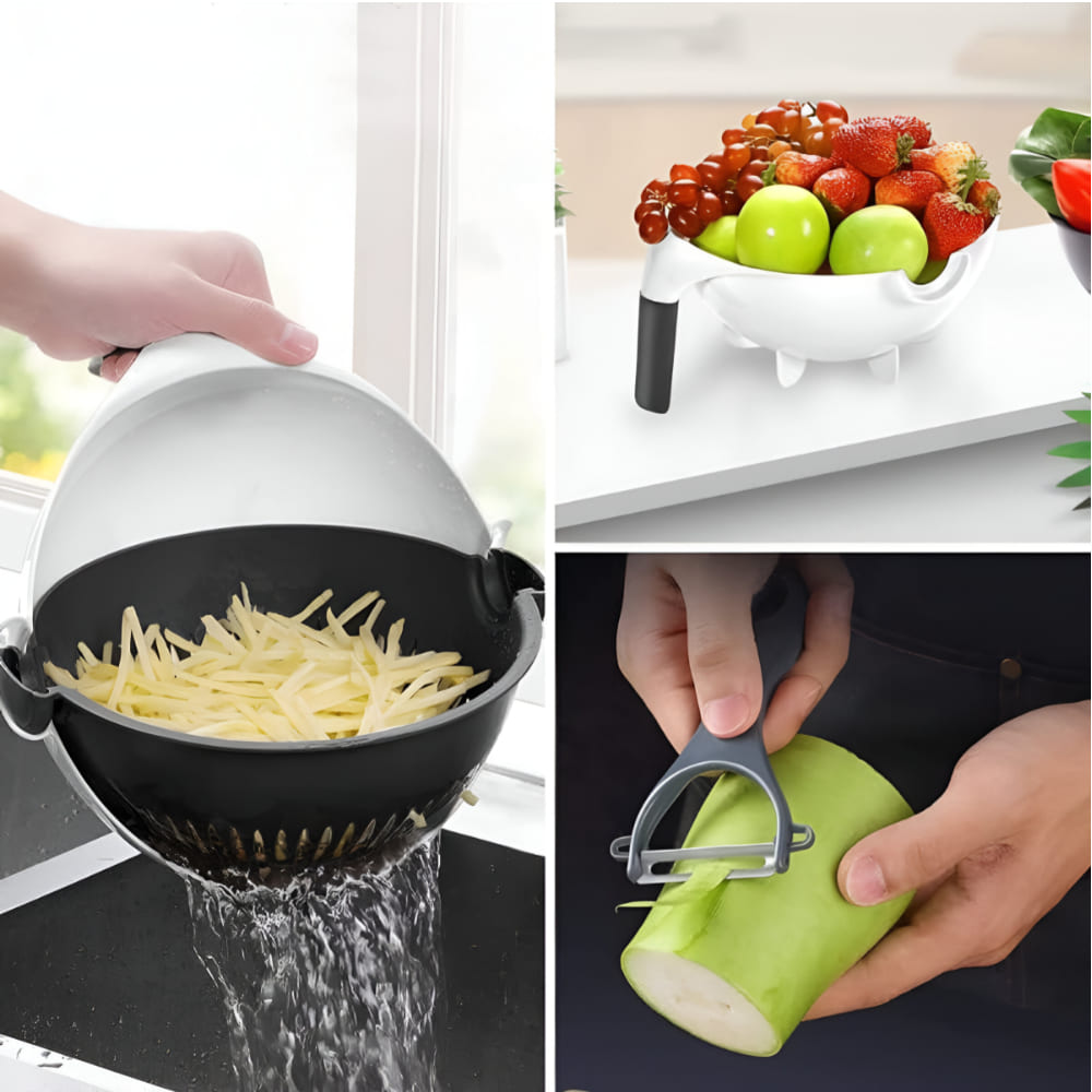 9-in-1 Double Fruit and Vegetable Drain Basket , Wet Basket Vegetable Cutter 