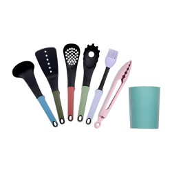 Decakila-7Pcs kitchen utensils set, Nylon, 7pcs (Slotted, Solid, Ladle, Pasta server, Oil brush, plastic storage barrel, 9-Inch Locking Tongs)