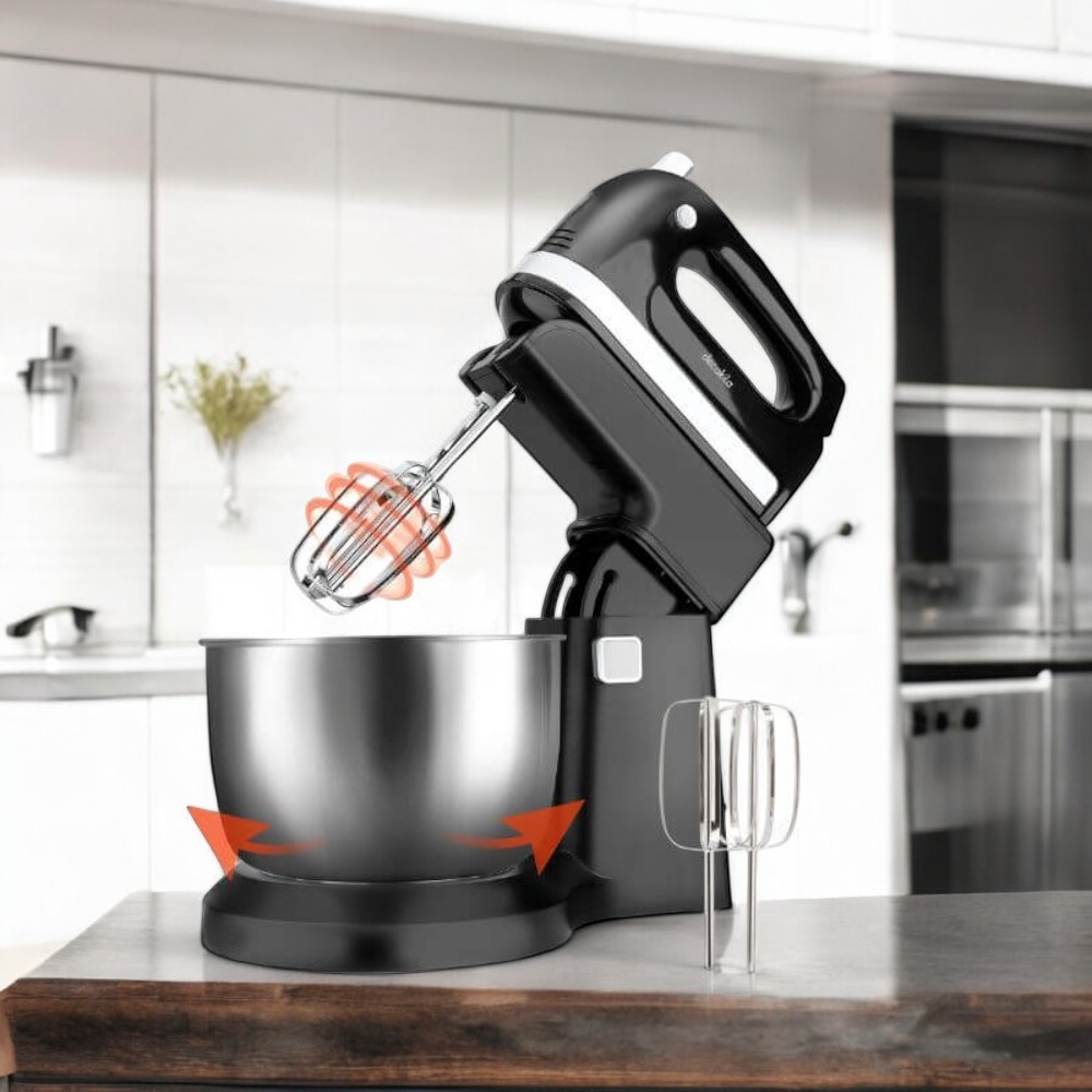 Decakila-Stand mixer 5 speed with turbo, 250W ,3.5L , stainless steel bowl, With 2pcs beaters and dough hooks beater  , Bowl with automatic rotation (KEMX012B)