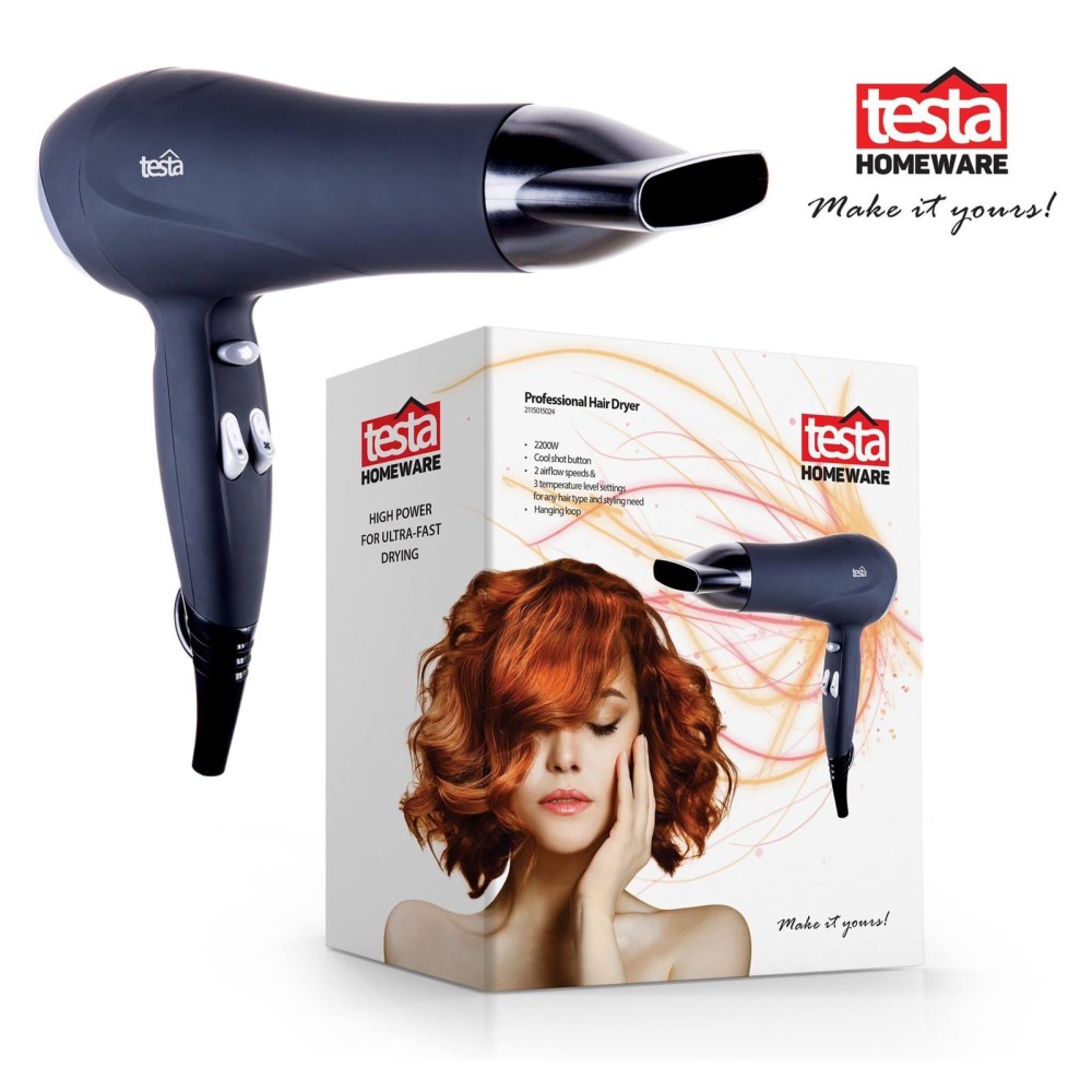 Testa Hair Dryer 2200W , 6 power settings: 2 airflow speeds & 3 temperature level settings for any hair type and styling need