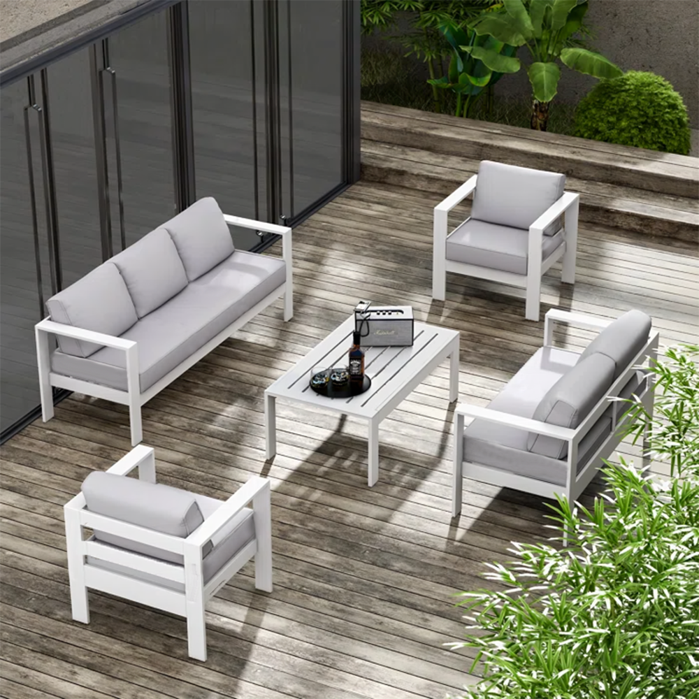 7 Seater White Aluminium Sofa Lounge Set – Grey Cushion