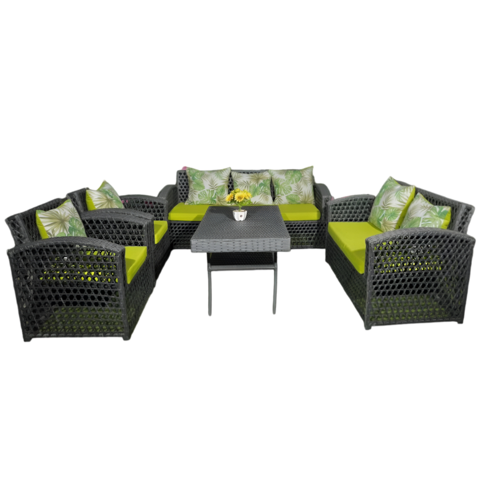 Wicker Garden Set 7 Seats & Table  - Green Cuhsions 