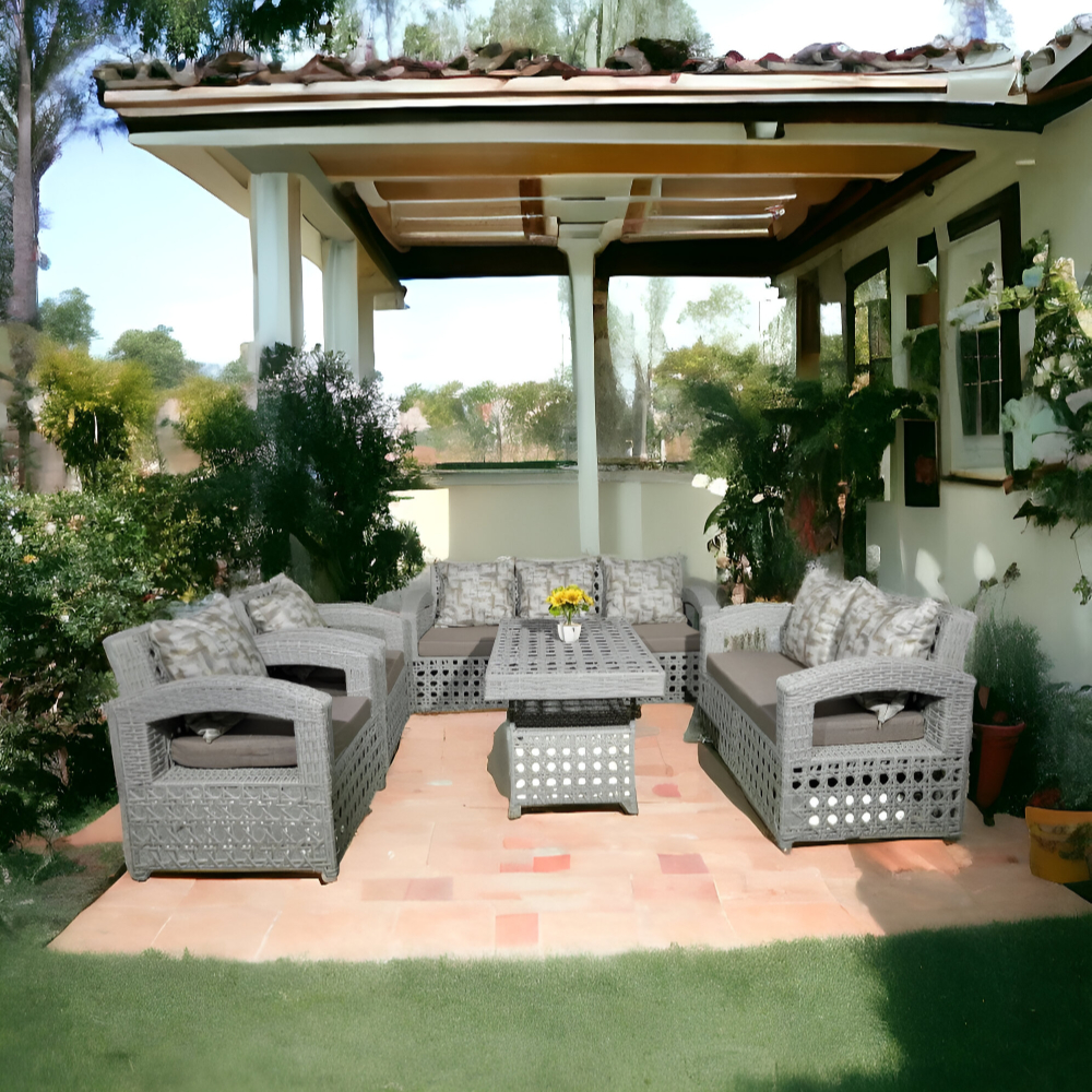 Wicker Grey Garden Set - 7 Seats With Table - White Cushions