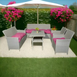 Elegant Rattan Outdoor Furniture Set 5 pieces with Pink Cushions