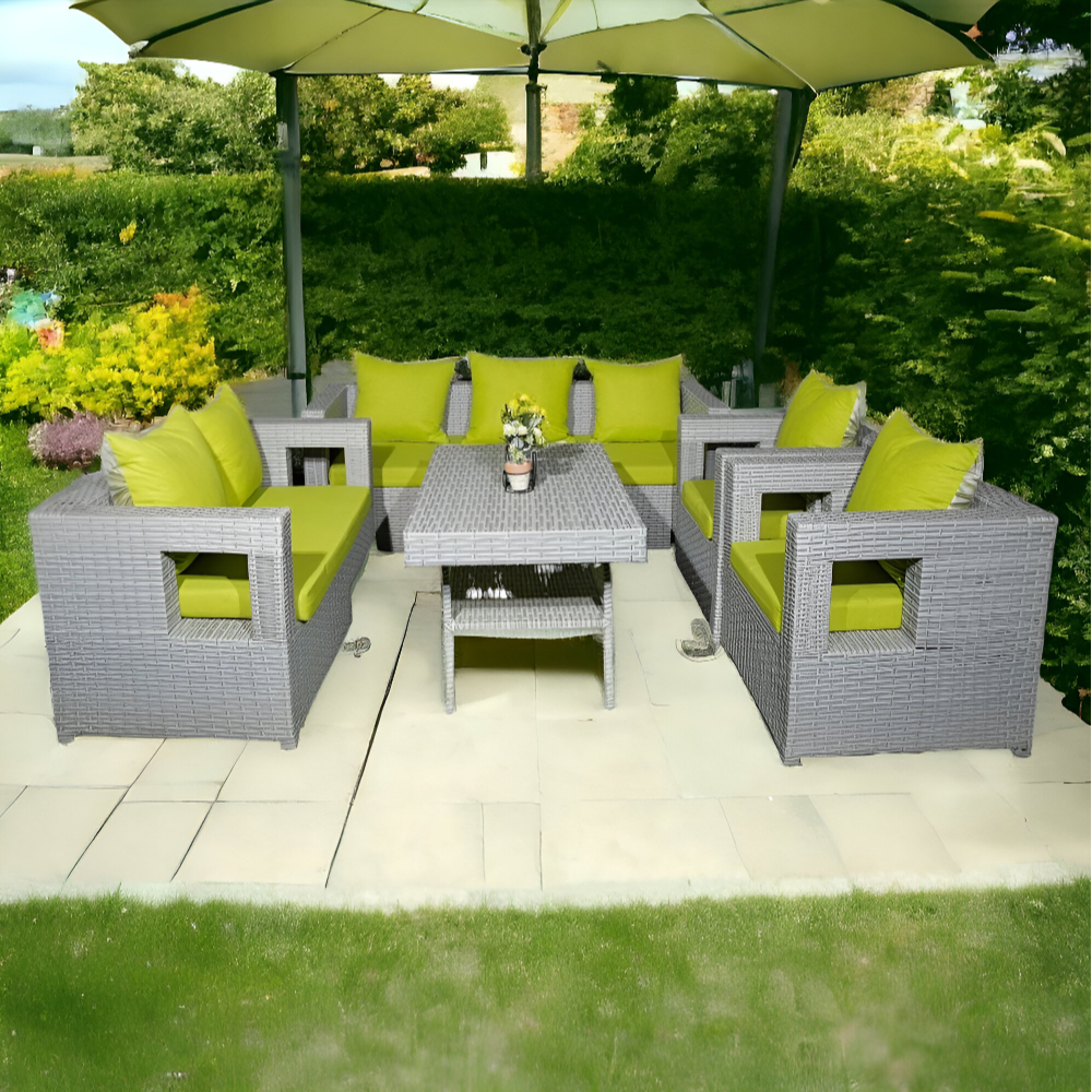 Modern Rattan Outdoor Lounge Set with Lime Green Cushions - 7 Seaters with Rectangular Table