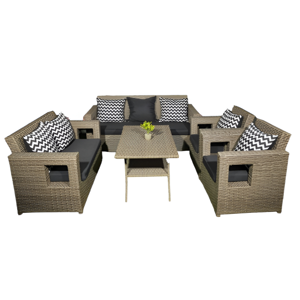 Contemporary Rattan Outdoor Sofa Set with Cushions - 7 Seaters with Rectangular Table