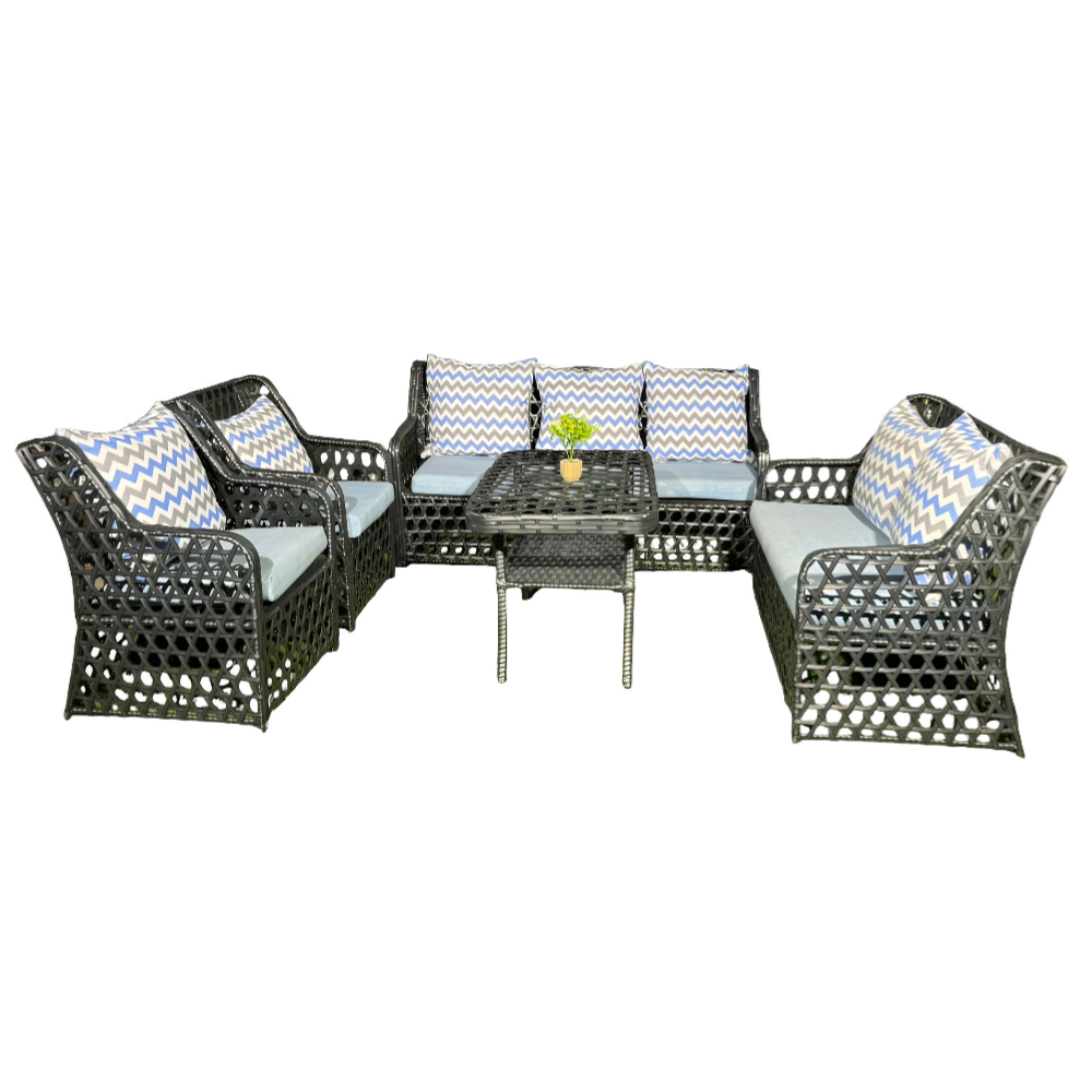 Vintage-Inspired Rattan Outdoor Sofa Set with Cushions - 7 Seaters with Square Table.