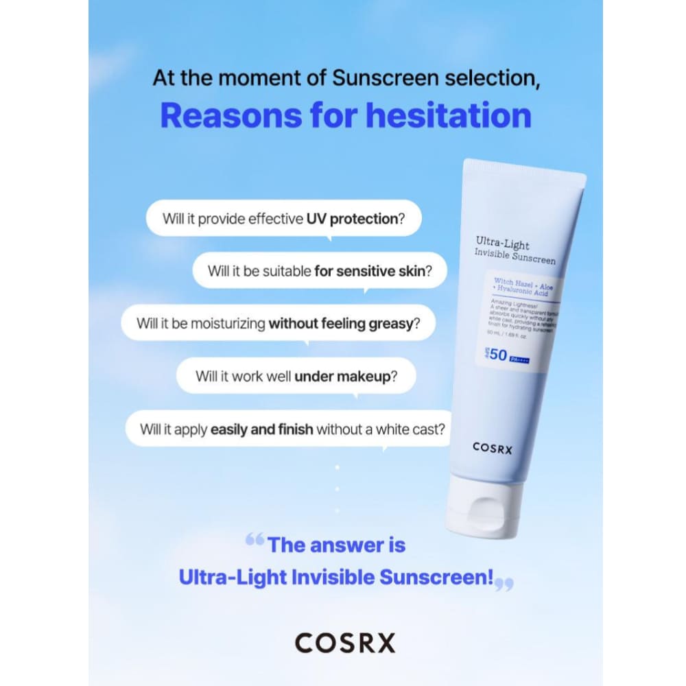 Cosrx - Ultra-Light Invisible Sunscreen SPF50 PA++++ 50ml - Korean Skin Care