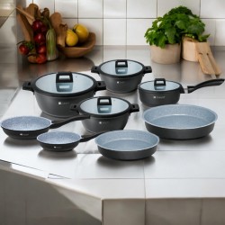 Dorsch - Cookware Set 12pcs , Premium aluminum body with a highly durable non-stick marble coating , 3 Casseroles Pot with Lid , 1 Saucepan with Lid, 2 Fry Pans , 2 Round Deep Pans