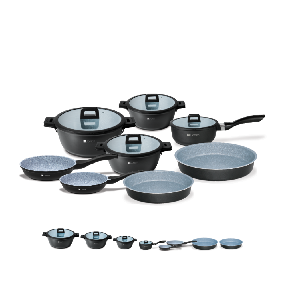 Dorsch - Cookware Set 12pcs , Premium aluminum body with a highly durable non-stick marble coating , 3 Casseroles Pot with Lid , 1 Saucepan with Lid, 2 Fry Pans , 2 Round Deep Pans