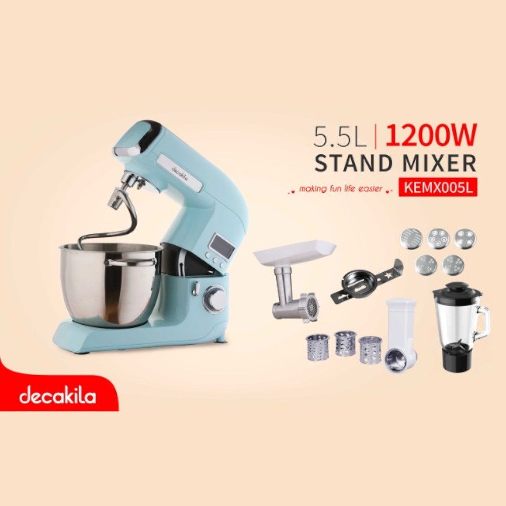 Decakila-Stand mixer 16pcs ,Variable 8 stepless speed 1200W ,5.5L brushed stainless steel bowl with handle  (KEMX005L)