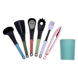 Decakila-7Pcs kitchen utensils set, Nylon, 7pcs (Slotted, Solid, Ladle, Pasta server, Oil brush, plastic storage barrel, 9-Inch Locking Tongs)