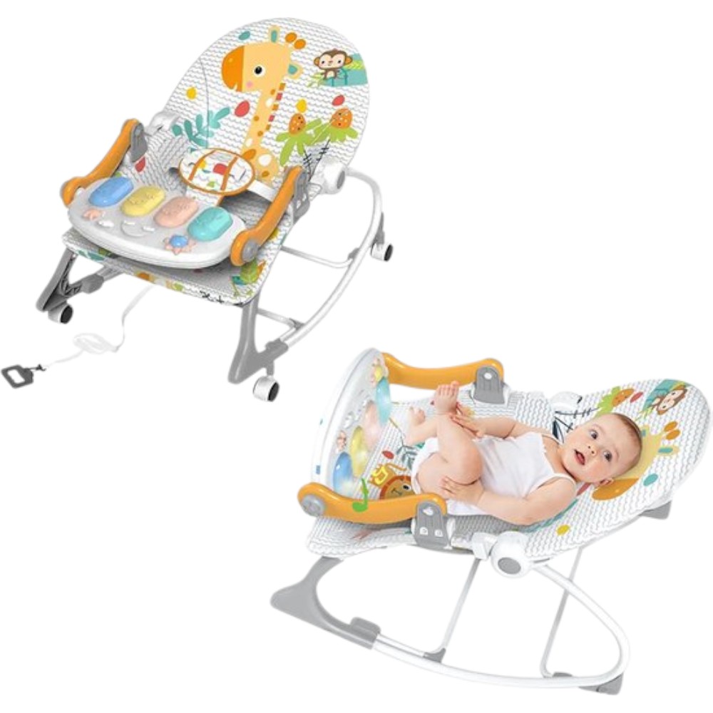 BABY ROCKING CHAIR -3-in-1 Baby Bouncer - Lounger - Highchair with removable wheels - ADJUSTABLE BACKREST incl. - removable MUSICAL PIANO