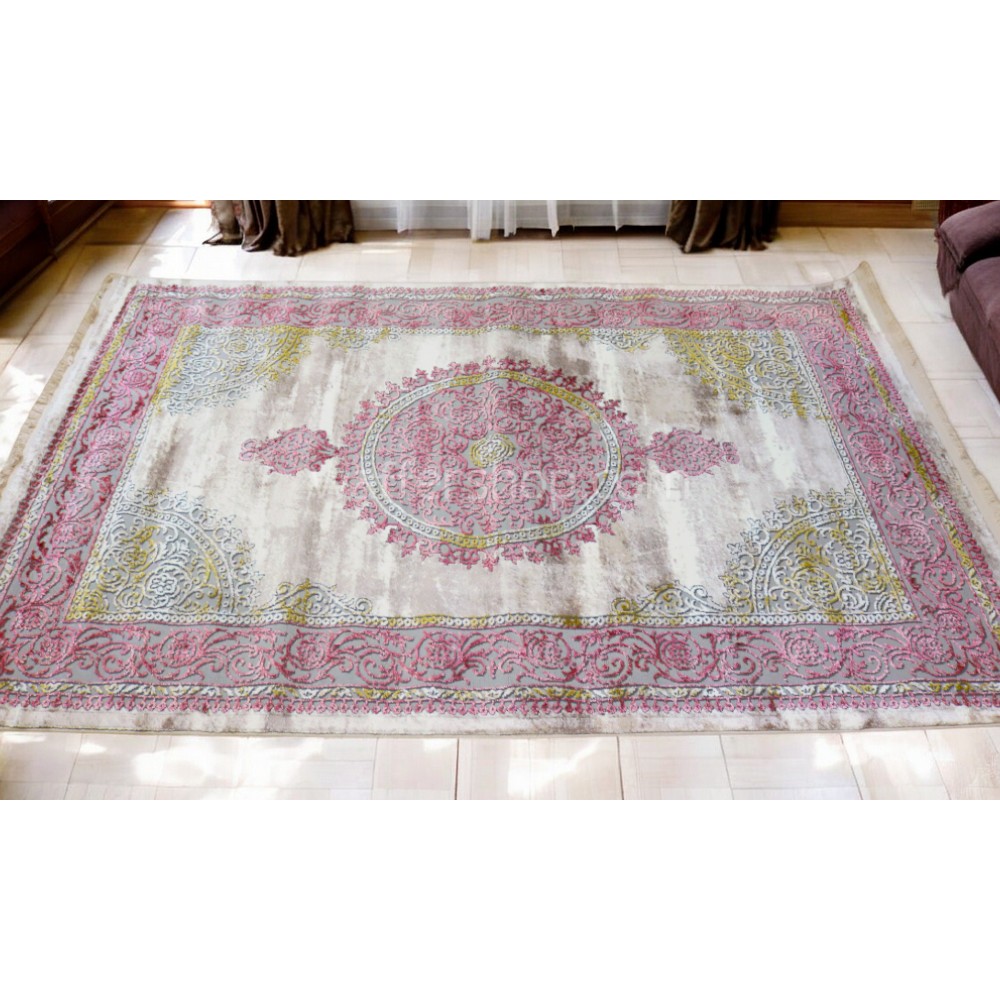 Classic Rosaline Elegance , Soft rose, silver, and ivory tones 1x2m- Turkish Carpet