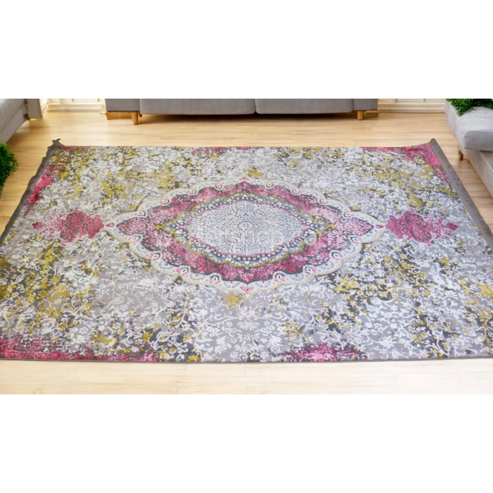 Blush Elegance Medallion Rug ,classic Soft Grey & Blush Pink. 1x2m- Turkish Carpet