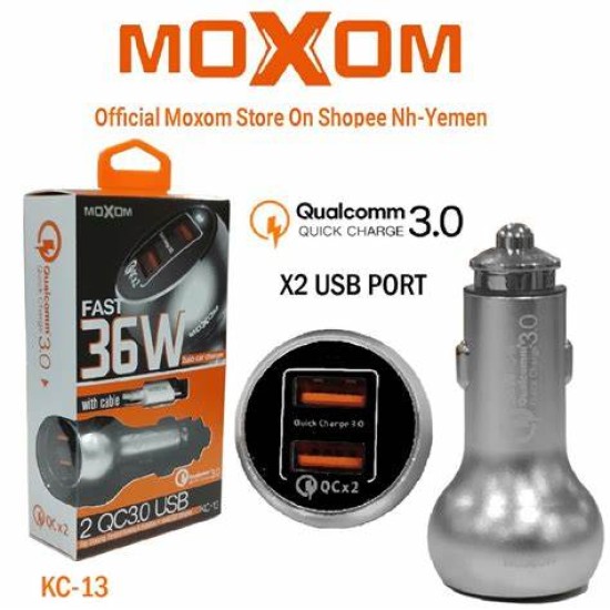 MOXOM KC - 13 Qualcomm 3.0 - 36W Quick Car Charger - Dual USB Port - USB Cable
