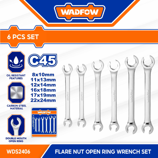 Wadfow 6 Pcs Flare nut open ring wrench set