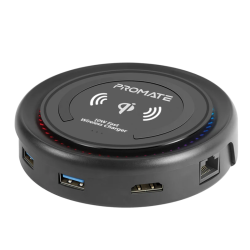 Promate All-in-One USB-C™ Hub with 100W Power Delivery & 10W Qi Wireless Charger