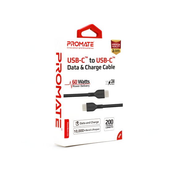 Promate 60W Power Delivery Enabled USB-C to USB-C Data Sync & Charge Cable