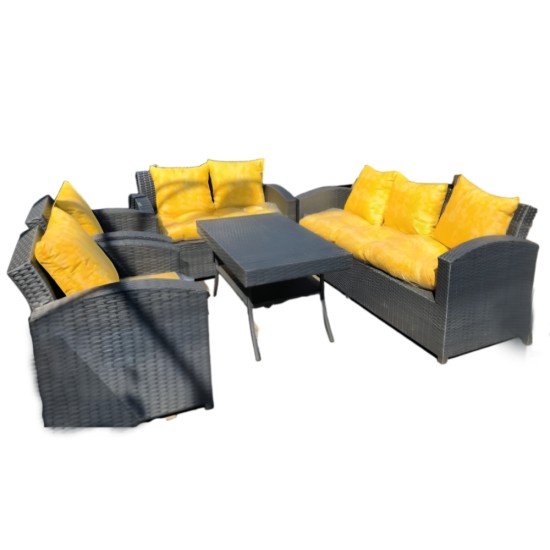 7 Seats Wicker Set With Rectangular Table - Yellow Cushion 