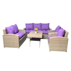 7 Beige Seats Wicker Set With Rectangular Table - Purple Cushion 