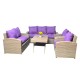 7 Beige Seats Wicker Set With Rectangular Table - Purple Cushion 
