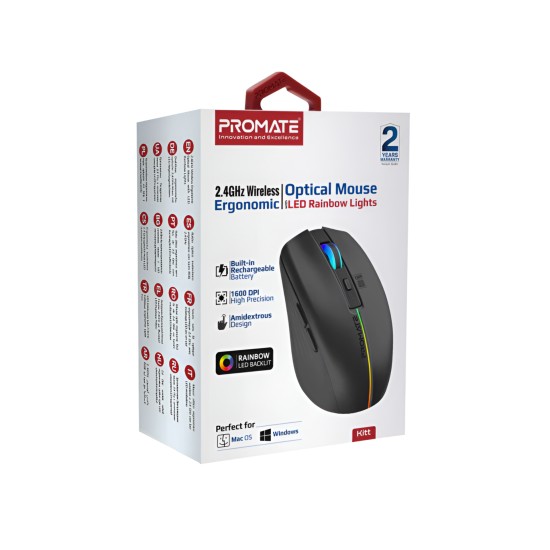 Promate 2.4GHz Wireless Ergonomic Optical Mouse with LED Rainbow Lights