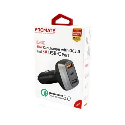 Promate 30W car charger with QC3.0 and 3A USB-C port