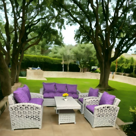 Wicker Patio Set - 7 Seats with Table - Purple Cushions