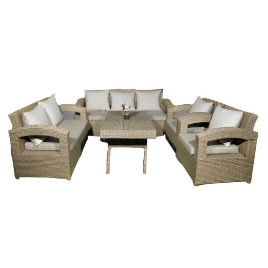 Wicker Biscuit Garden Set - 7 Seats With Table - White Cushions