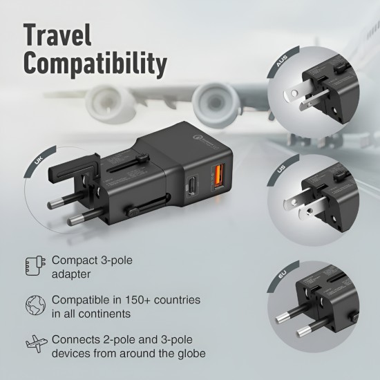 Promate Sleek Universal Travel Adapter with 20W Power Delivery & Quick Charge 3.0