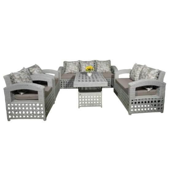 Wicker Grey Garden Set - 7 Seats With Table - White Cushions