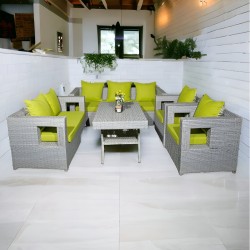 Modern Rattan Outdoor Lounge Set with Lime Green Cushions - 7 Seaters with Rectangular Table