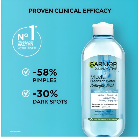 Garnier Salicylic Acid Micellar Water Facial Anti-Acne Cleanser and Makeup Remover, for Oily and Acne-Prone Skin 400ml