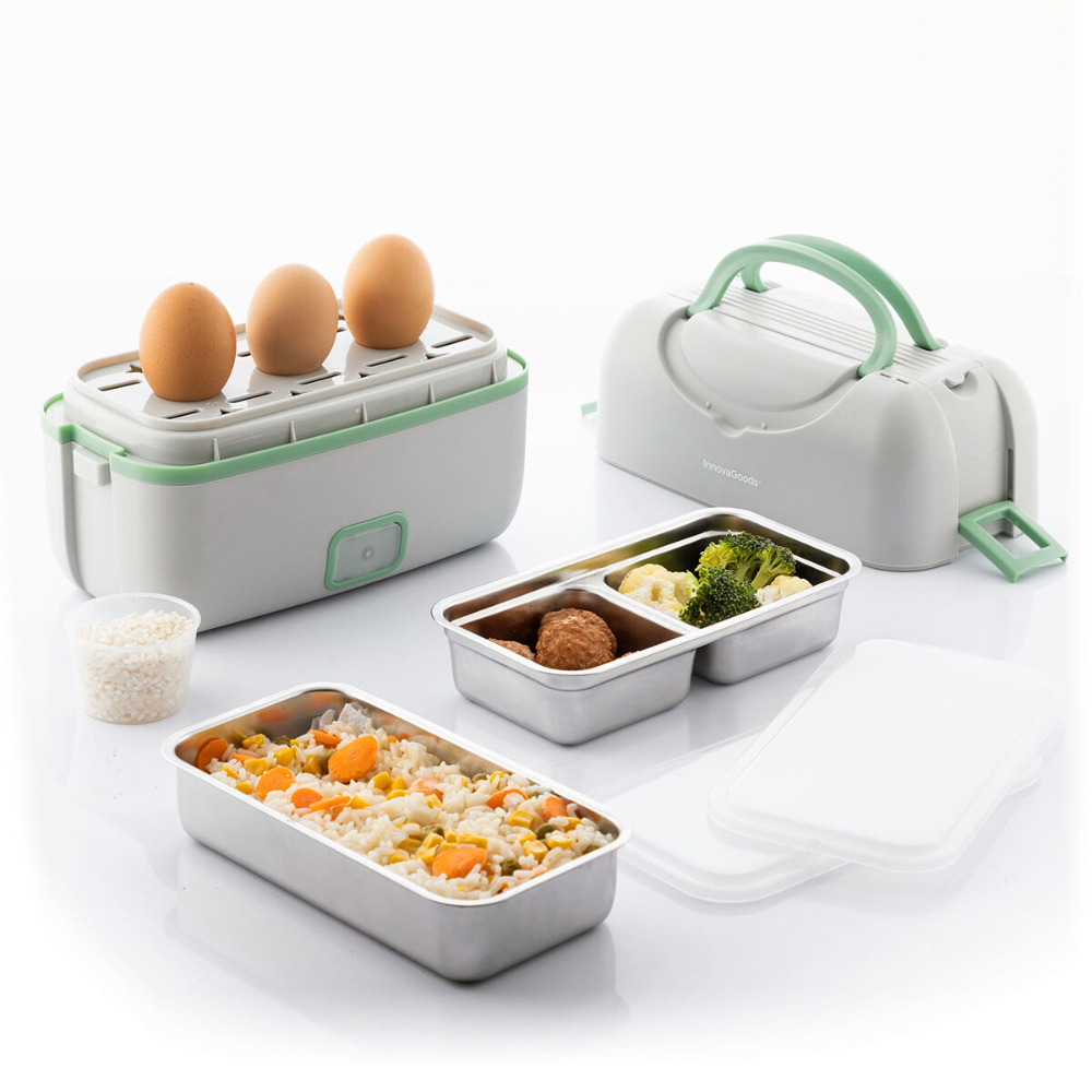 InnovaGoods 3-In-1 Electric Steamer Lunch Box With Recipes Beneam, V0103311, : Durable, food-safe plastic with a stainless steel inner container, Capacity: Typically holds around 1.5 liters 